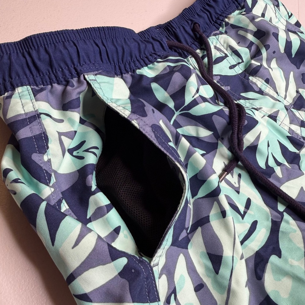American Eagle Mens XS Tropical Leaf Swim Trunks Navy Teal 5 Inch Inseam Shorts - Picture 6 of 12